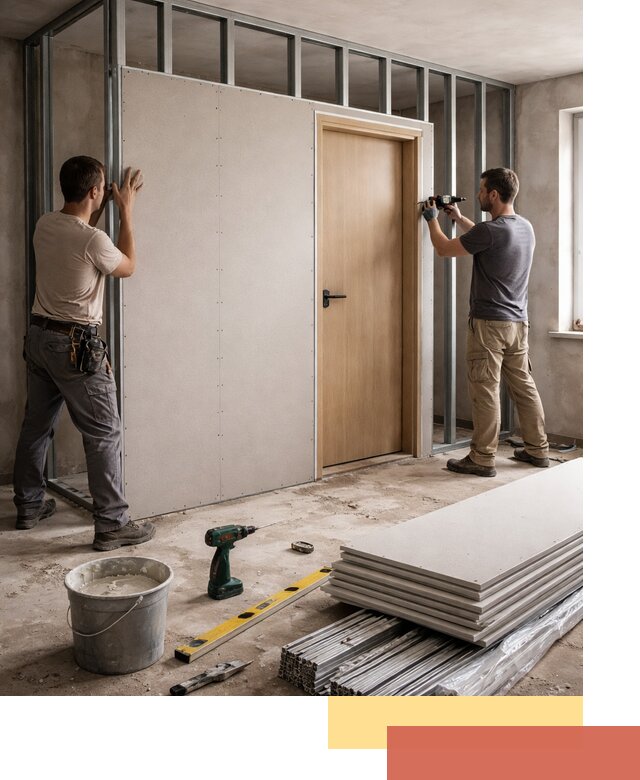 Перегородка из гипсокартона с дверью под ключ в Аксае