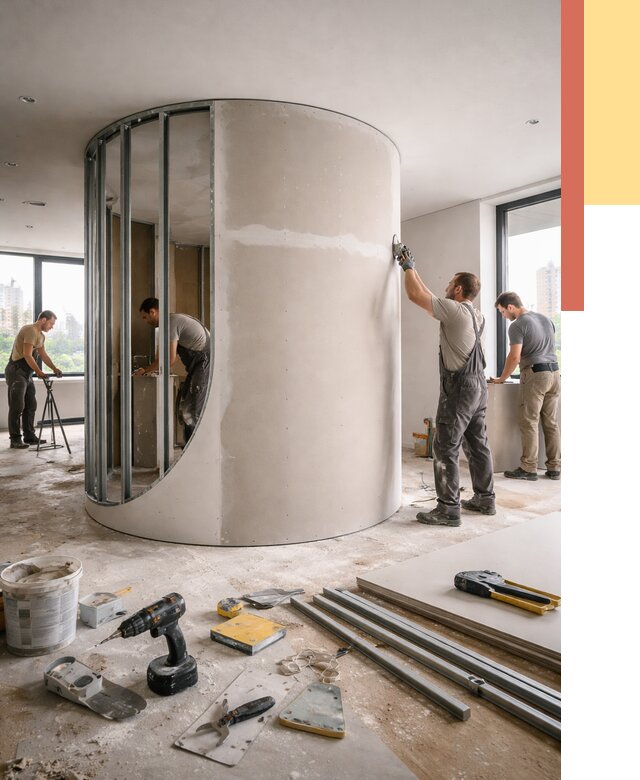 Радиусная перегородка из гипсокартона в Аксае от 2946 руб. под ключ | ОТДЕЛОЧНИК-Акс