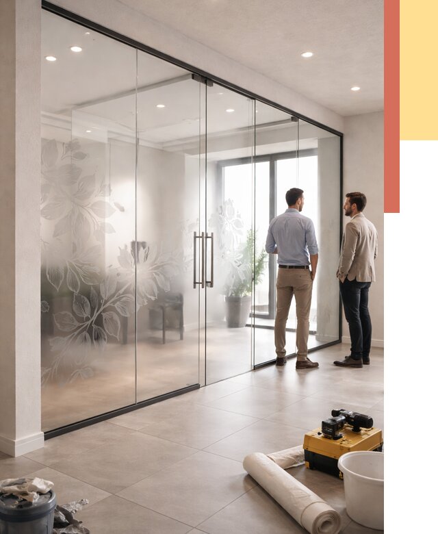 Стеклянные перегородки с рисунком в Аксае от 12696 руб. монтаж и нанесение | ОТДЕЛОЧНИК-Акс