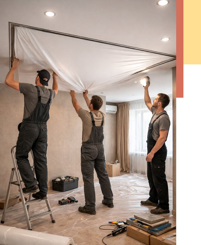 Монтаж ПВХ натяжного потолка в Аксае от 3555 руб. под ключ | ОТДЕЛОЧНИК-Акс