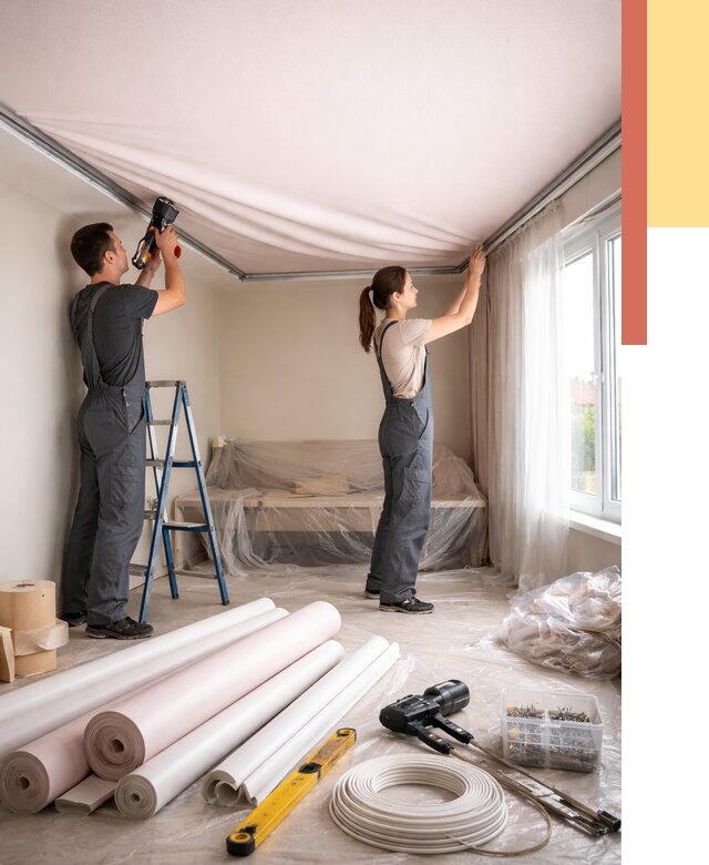 Монтаж цветного натяжного потолка в Аксае от 4266 руб/м² — быстро и недорого | ОТДЕЛОЧНИК-Акс