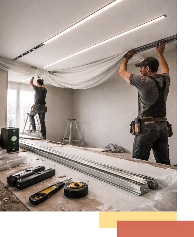 Монтаж натяжных потолков со световыми линиями в Аксае