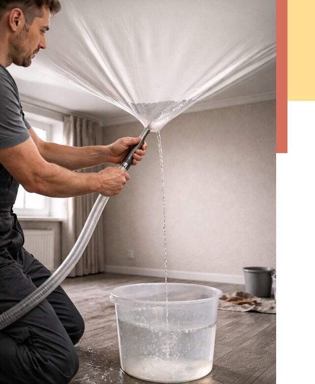 Слив воды с натяжного потолка в Аксае от 2539 руб. быстро и недорого | ОТДЕЛОЧНИК-Акс